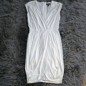 NWT Express White V-Neck Faux Wrap Pleated Mini Sheath Dress